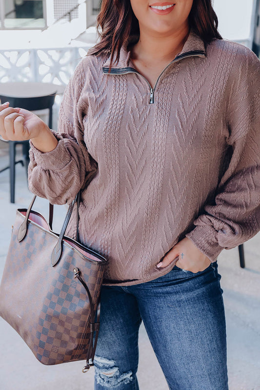 Brown Long Sleeve Zip Neck Plus Size Knit Top Plus Size JT's Designer Fashion