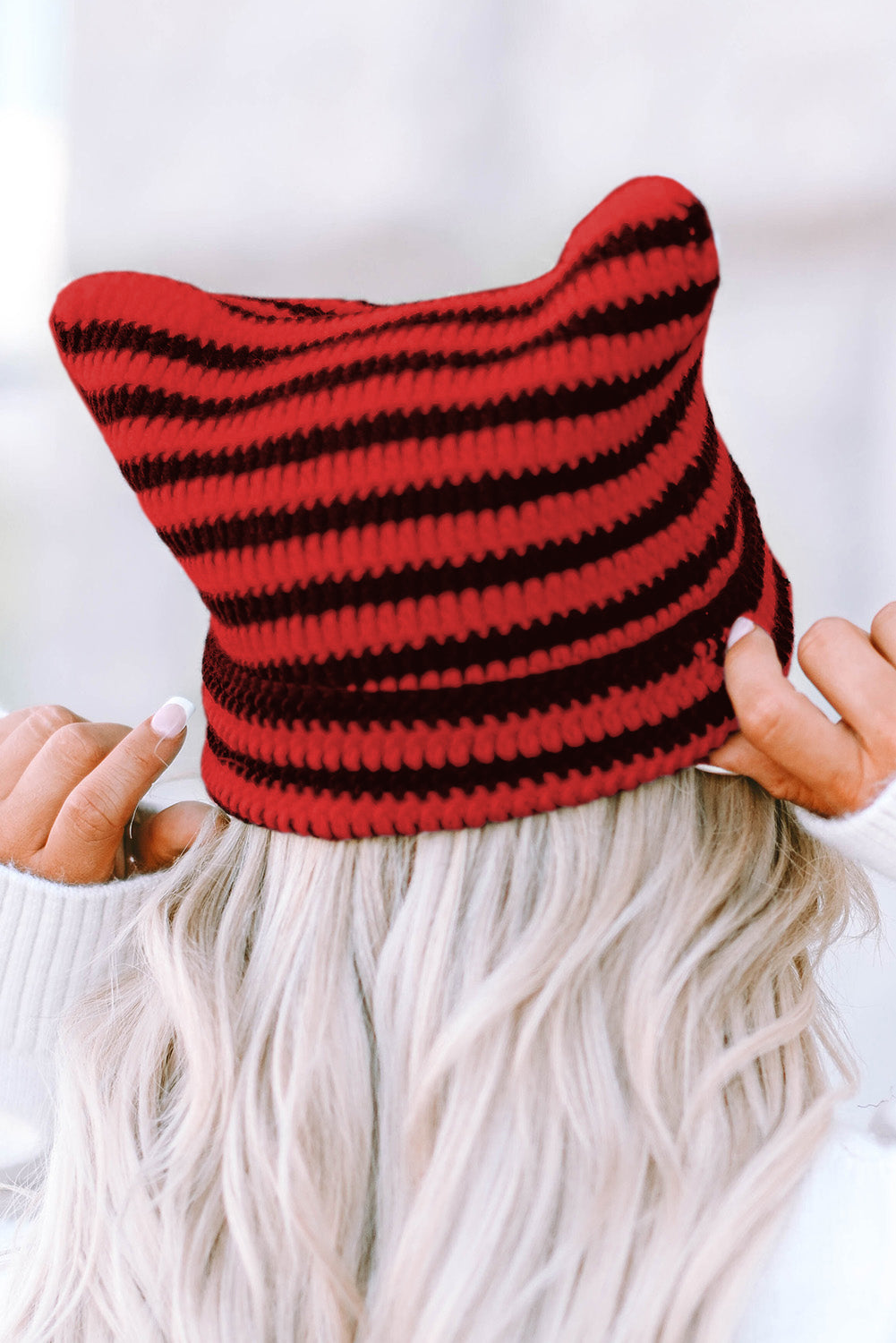 Red Cute Striped Cat-Ear Knit Beanie Hat Hats & Caps JT's Designer Fashion