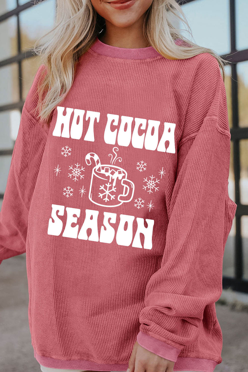 Strawberry Pink HOT COCOA SEASON Snowflake Print Corded Sweatshirt Graphic Sweatshirts JT's Designer Fashion