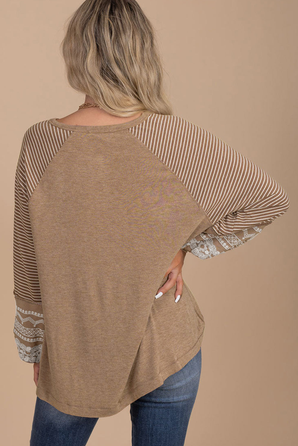 Light French Beige Striped Lace Raglan Sleeve Plus Size Top Plus Size JT's Designer Fashion