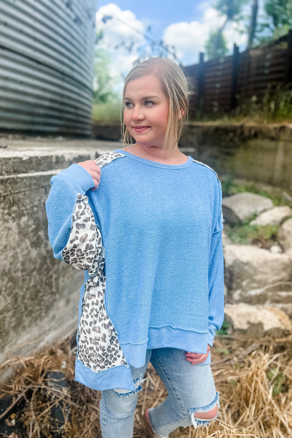 Sky Blue Exposed Seam Leopard Splicing Plus Size Sweatshirt Plus Size JT's Designer Fashion