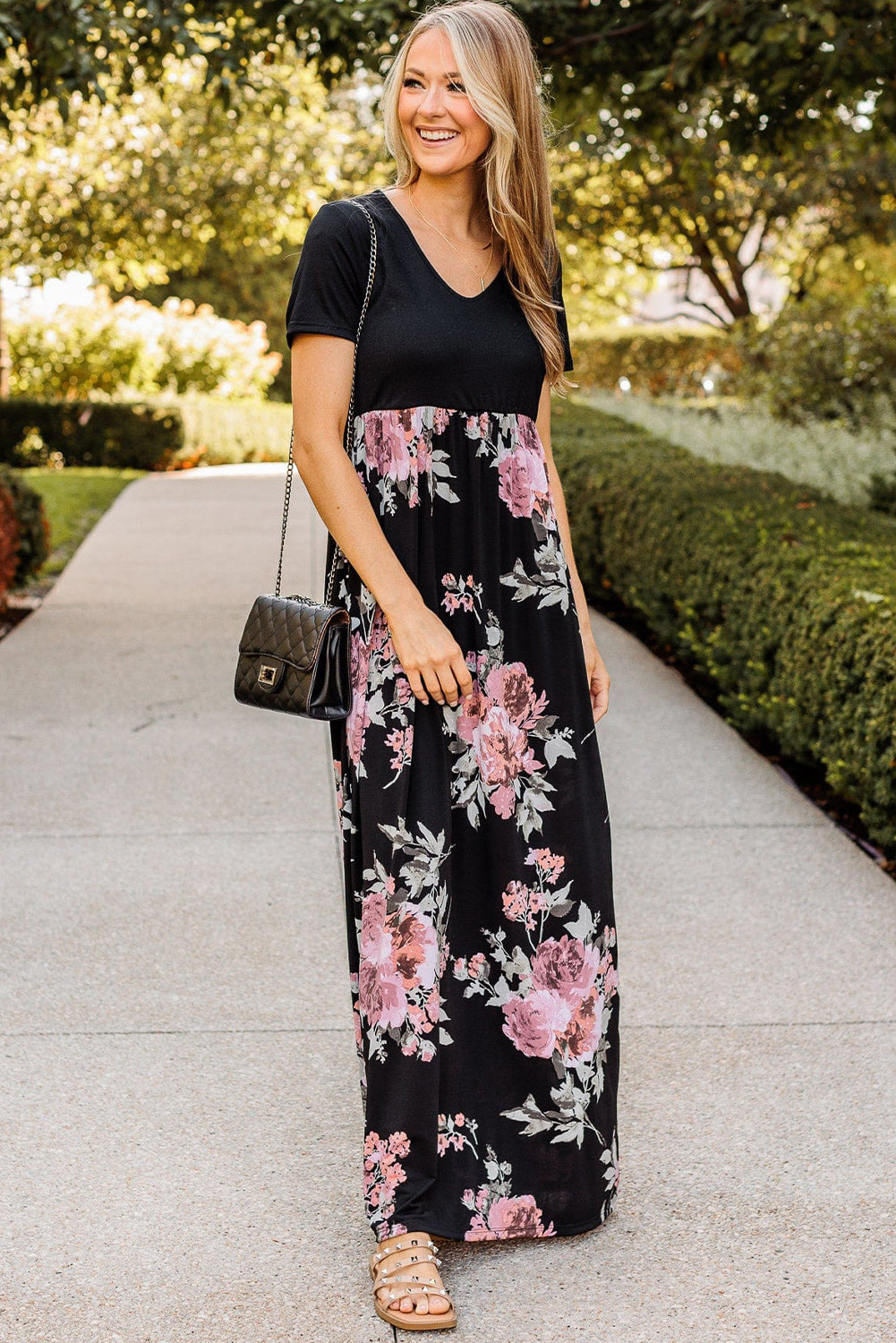 Black Contrast Floral Empire Waist Maxi Dress Maxi Dresses JT's Designer Fashion