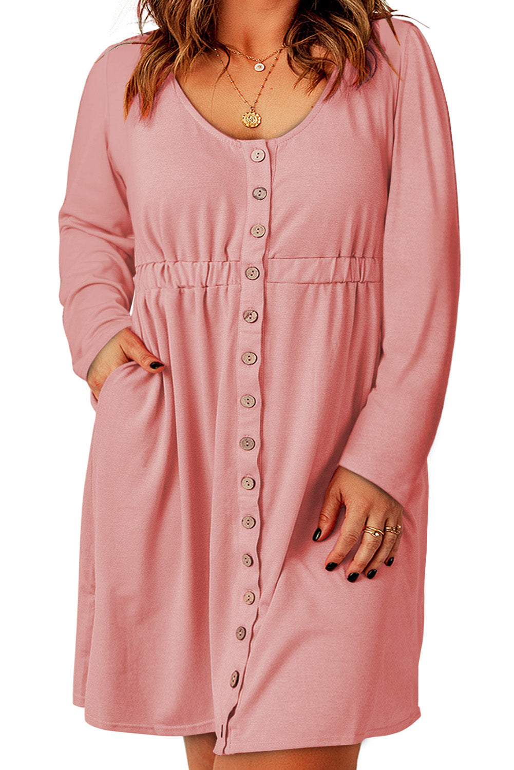 Pink Solid Button Front Plus Size Long Sleeve Dress Plus Size Dresses JT's Designer Fashion