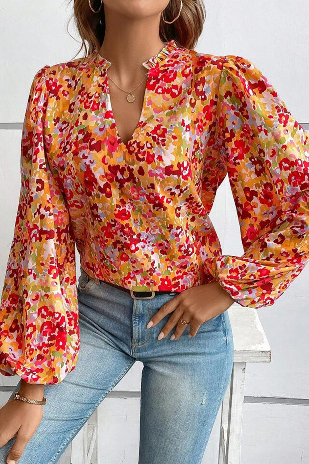 Grapefruit Orange Frilled Split Neck Bubble Sleeve Floral Blouse Tops & Tees JT's Designer Fashion