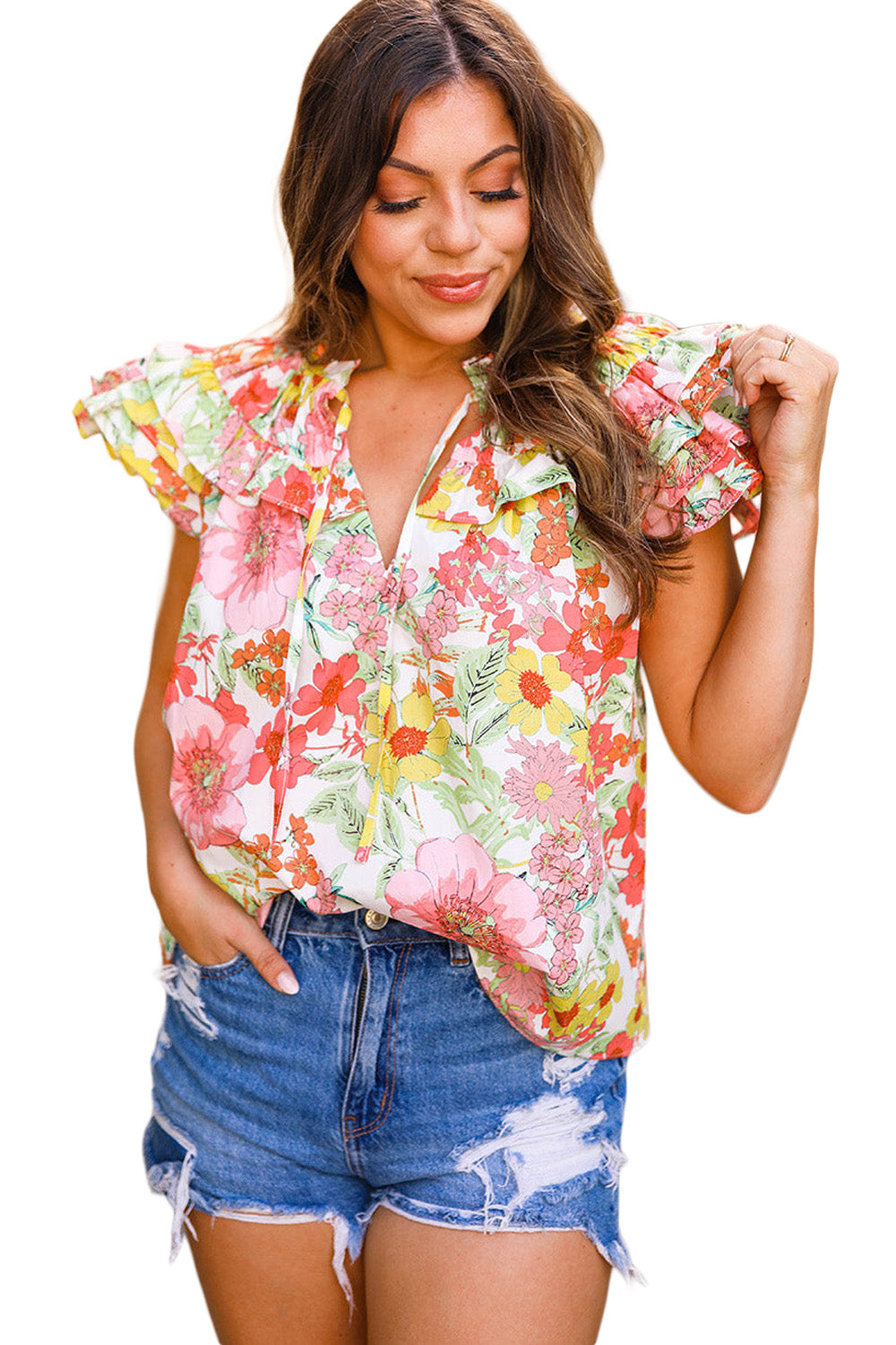 Multicolor Rose Ruffle Flutter Sleeve Floral Print Blouse Tops & Tees JT's Designer Fashion