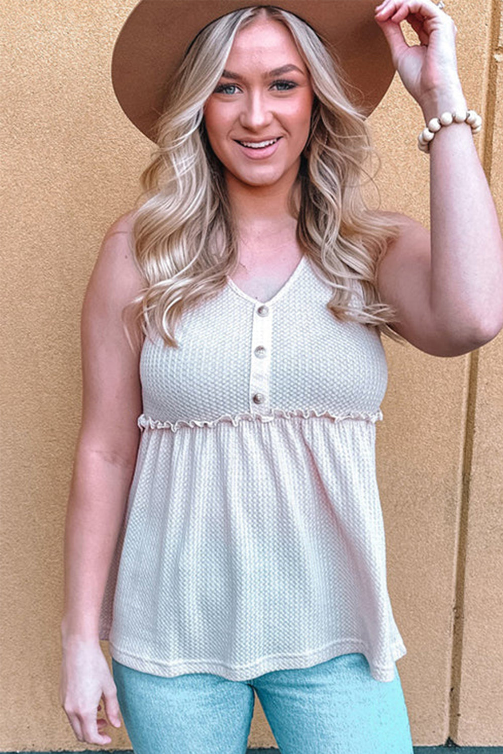 Oatmeal Button V Neck Textured Plus Size Babydoll Tank Plus Size JT's Designer Fashion