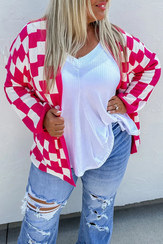 Pirouette Checkered Pattern Open Front Plus Size Cardigan Plus Size JT's Designer Fashion