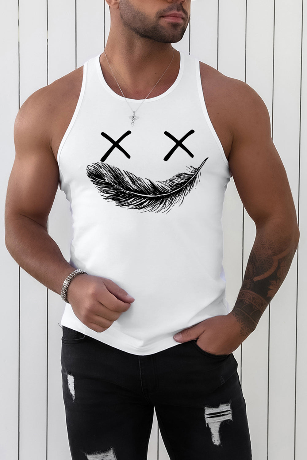 White Feather Mouth Funny Emoticon Graphic Mens Tank Top White 62%Polyester+32%Cotton+6%Elastane Men's Tops JT's Designer Fashion