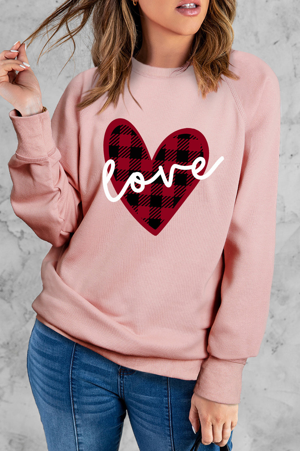 Pink love Heart Shape Plaid Print Raglan Sleeve Sweatshirt Graphic Sweatshirts JT's Designer Fashion