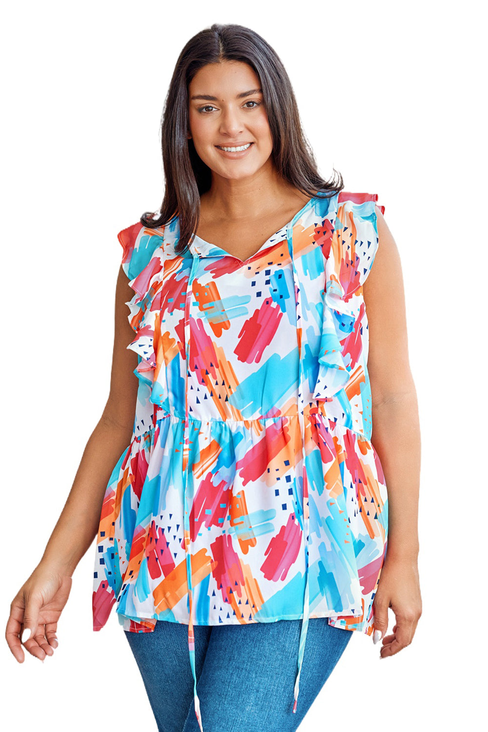 Multicolor Plus Size Abstract Print Short Sleeve V Neck Ruffle Blouse Plus Size JT's Designer Fashion