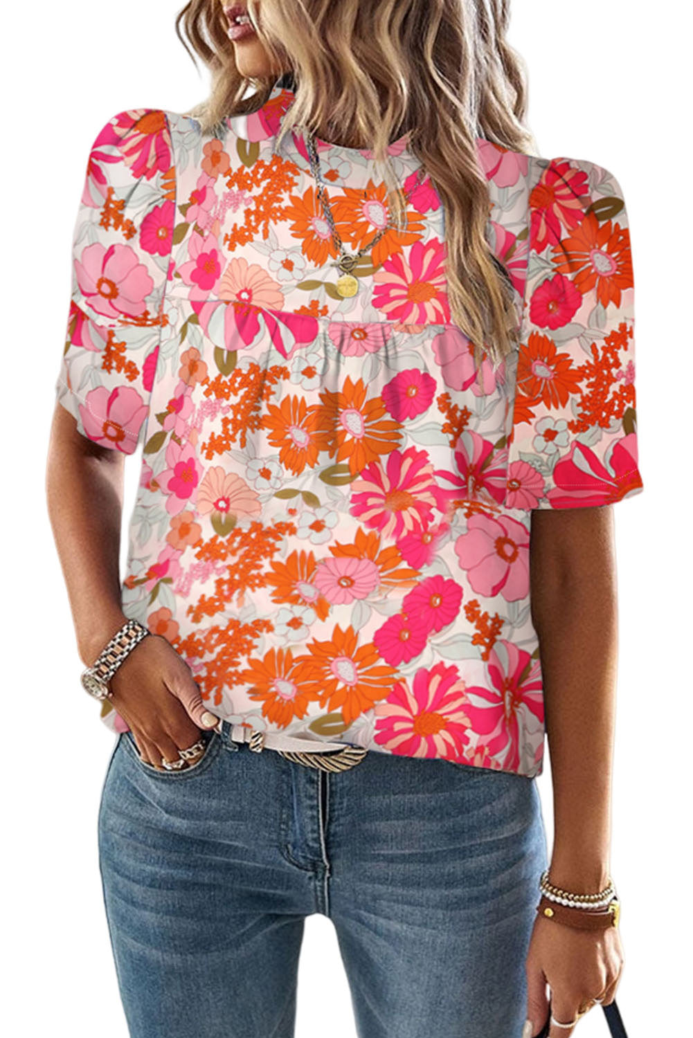 Multicolor Boho Flower Print Puff Short Sleeve Top Tops & Tees JT's Designer Fashion