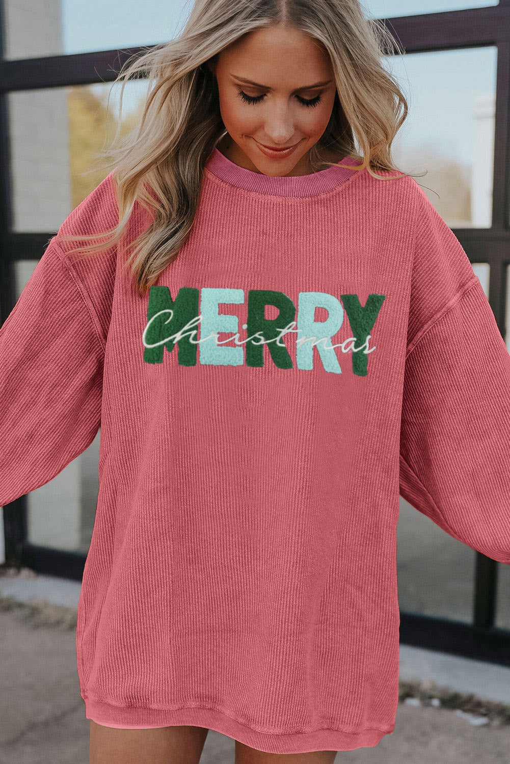 Strawberry Pink MERRY Christmas Corded Pullover Sweatshirt Graphic Sweatshirts JT's Designer Fashion