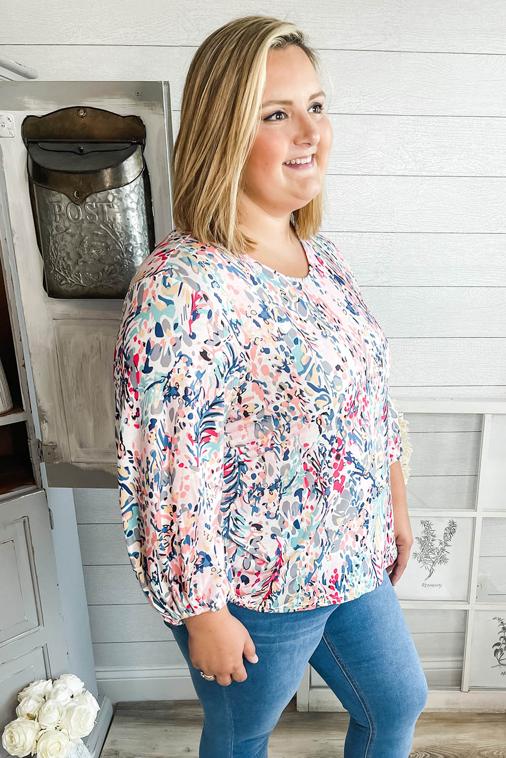 Multicolor Floral Round Neck Long Sleeve Plus Size Top Plus Size JT's Designer Fashion