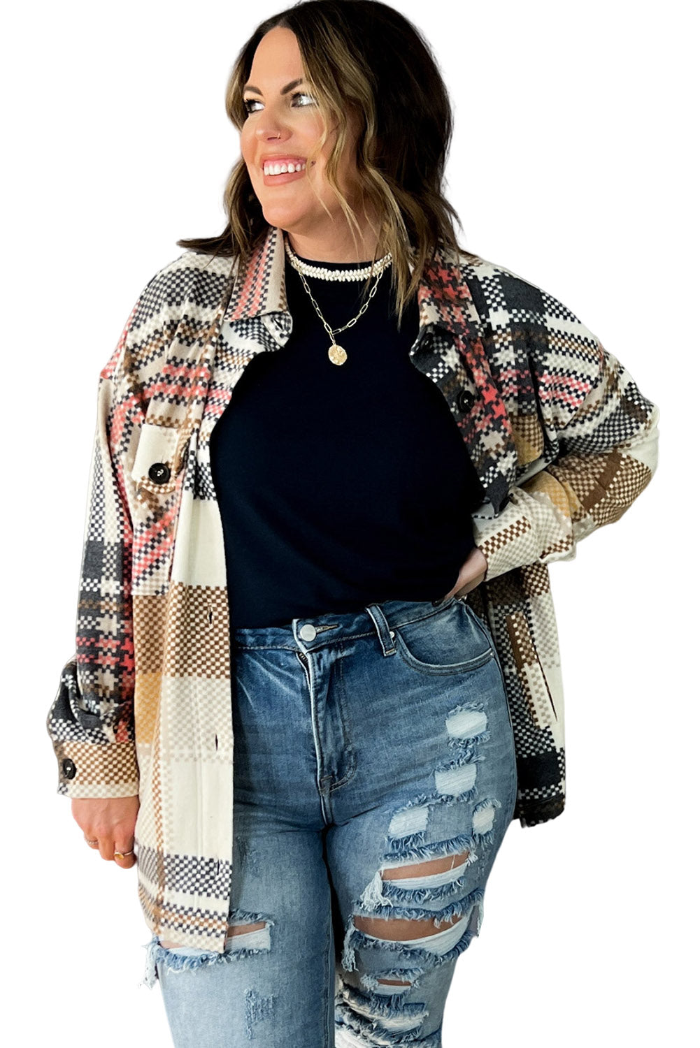 Multicolor Plus Size Plaid Flap Pocket Shacket Plus Size JT's Designer Fashion