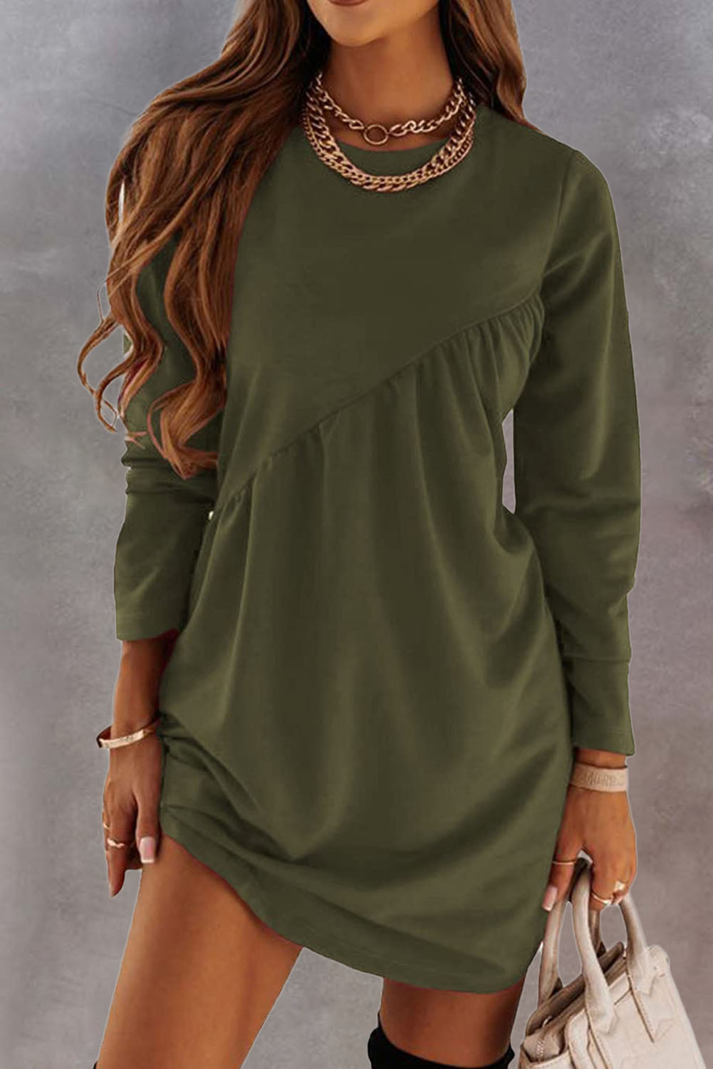 Green Irregular Seam Detail Long Sleeve T-shirt Dress T Shirt Dresses JT's Designer Fashion