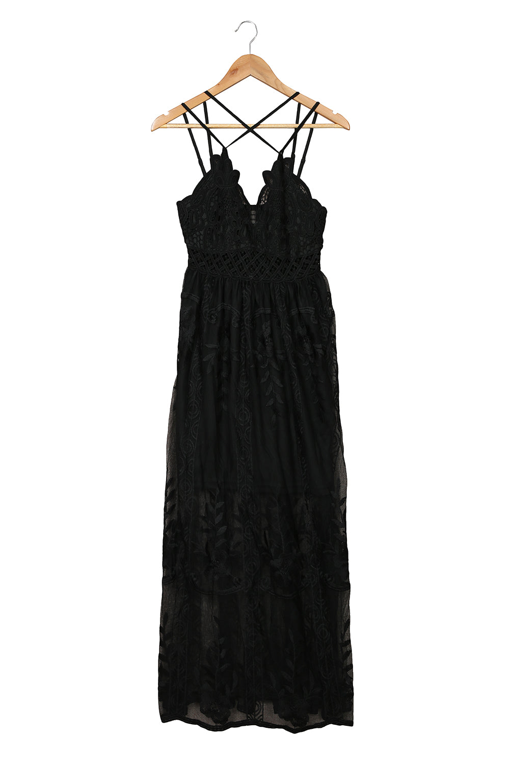 Black Lace Crisscross Backless Maxi Dress Maxi Dresses JT's Designer Fashion