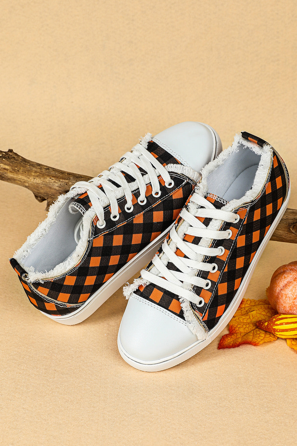 Orange Plaid Frayed Trim Lace-up Shoes Women's Shoes JT's Designer Fashion