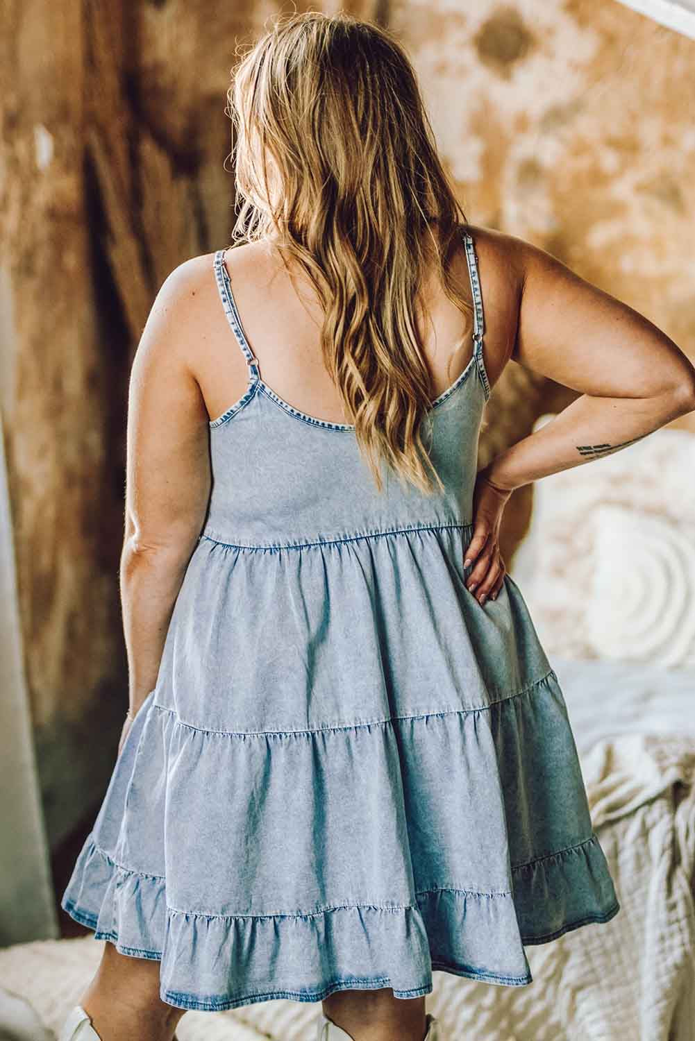 Sky Blue Plus Size Tiered Spaghetti Strap Denim Mini Dress Plus Size JT's Designer Fashion