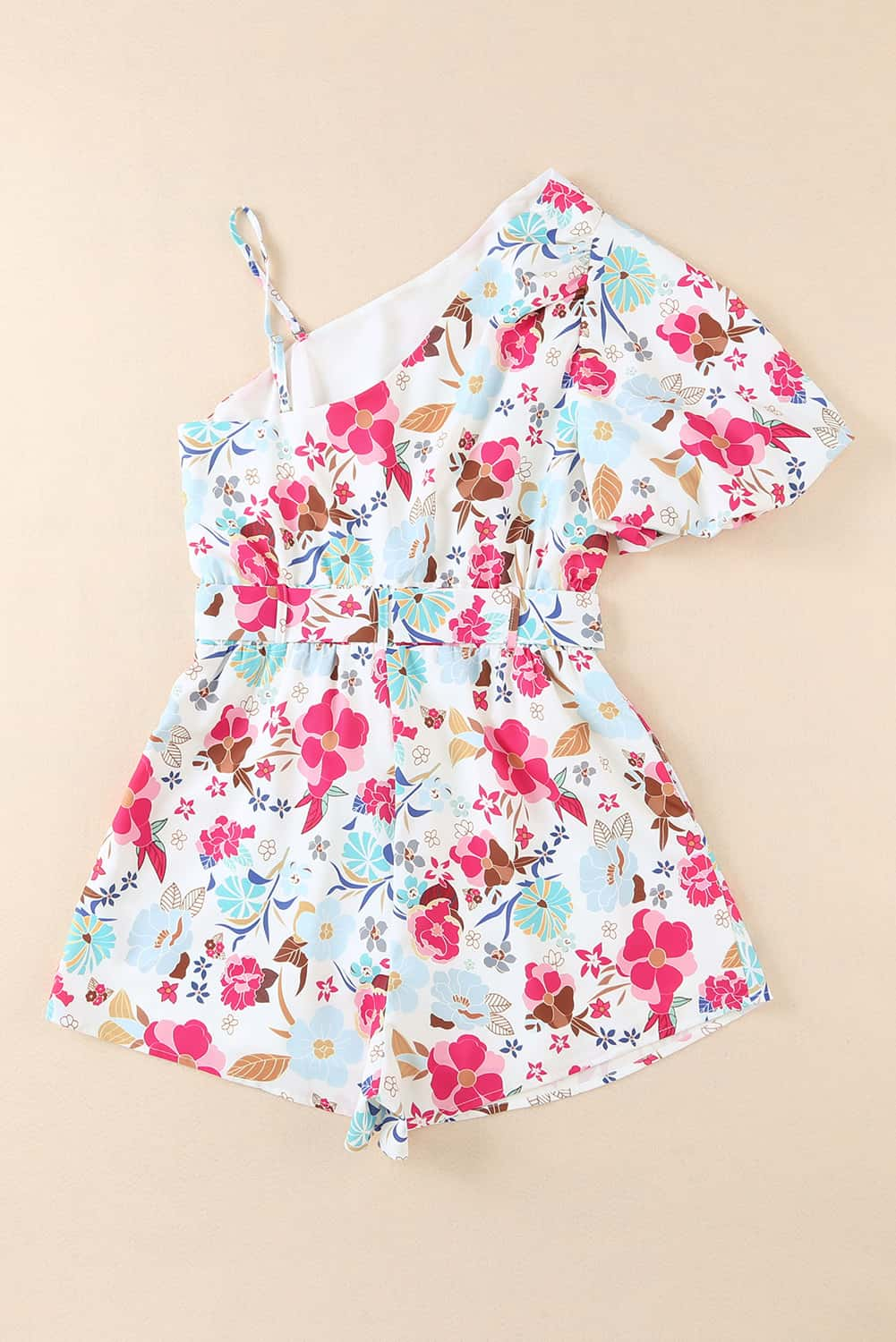 White Floral Single Bubble Sleeve Slant Shoulder Romper Jumpsuits & Rompers JT's Designer Fashion