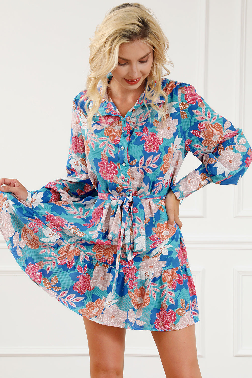 Blue Floral Print Lantern Sleeve Belted Shirt Dress Floral Dresses JT's Designer Fashion