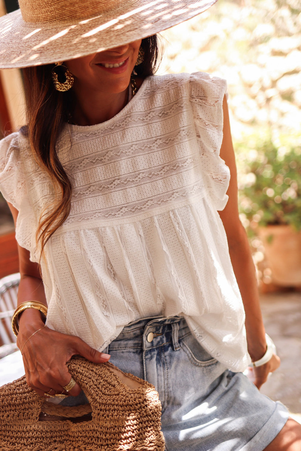 White Ruffled Lace Flowy Tank Top Tops & Tees JT's Designer Fashion