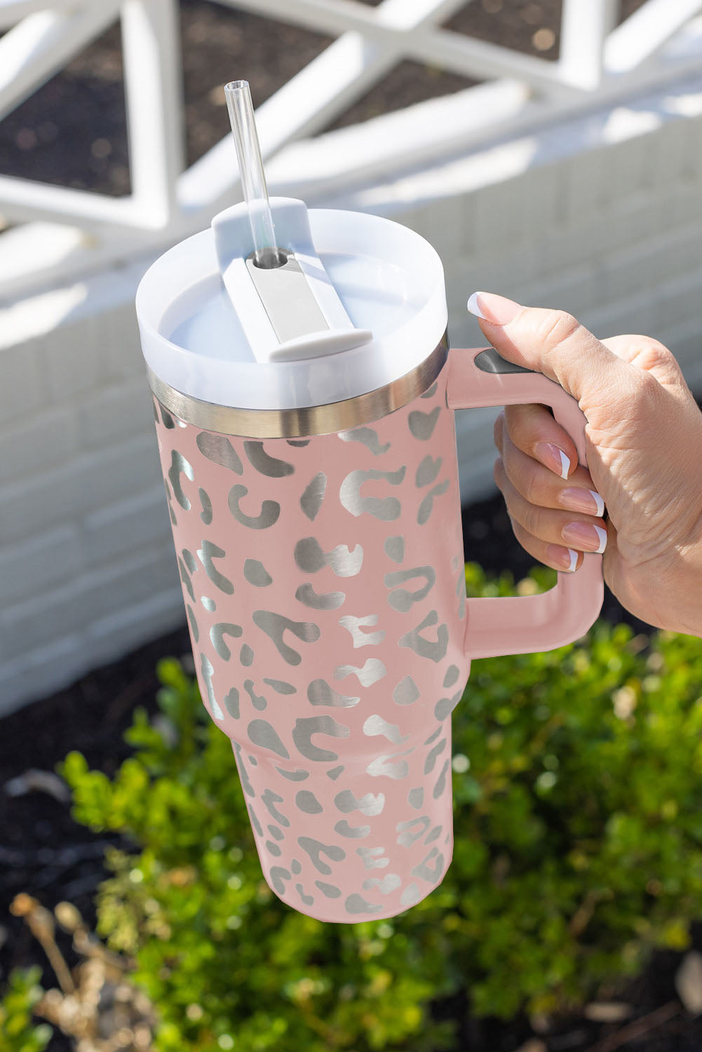 Pink Leopard Print 40OZ Stainless Steel Portable Cup with Handle Tumblers JT's Designer Fashion