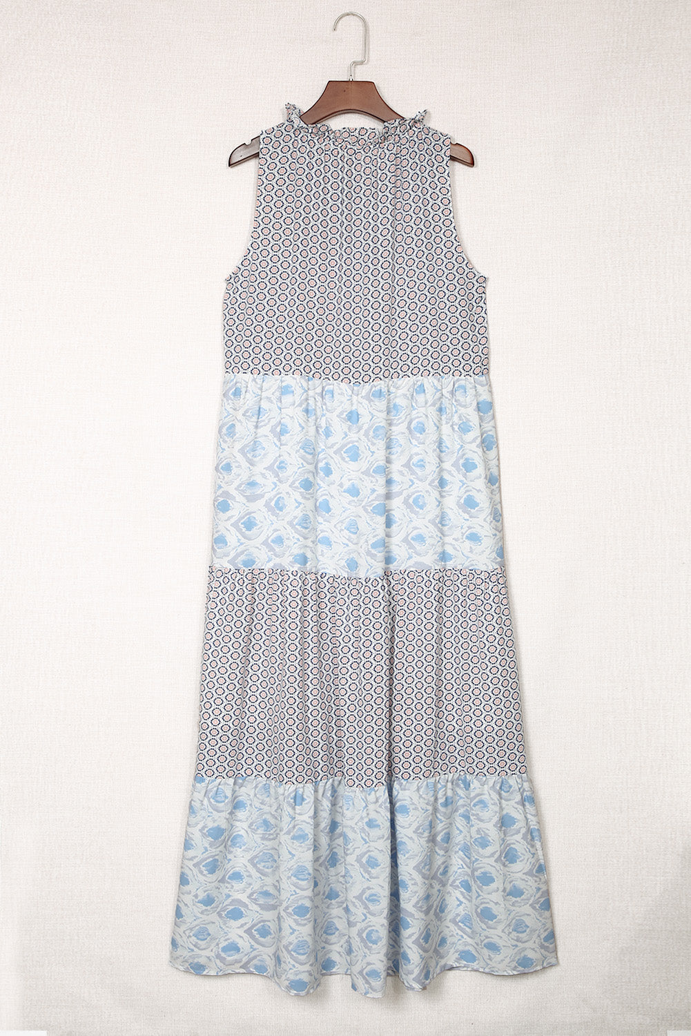 Sky Blue Abstract Print Split Neck Sleeveless Maxi Dress Maxi Dresses JT's Designer Fashion