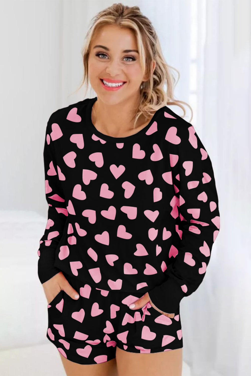 Black Heart Shape Print Long Sleeve Top Shorts Lounge Set Loungewear JT's Designer Fashion