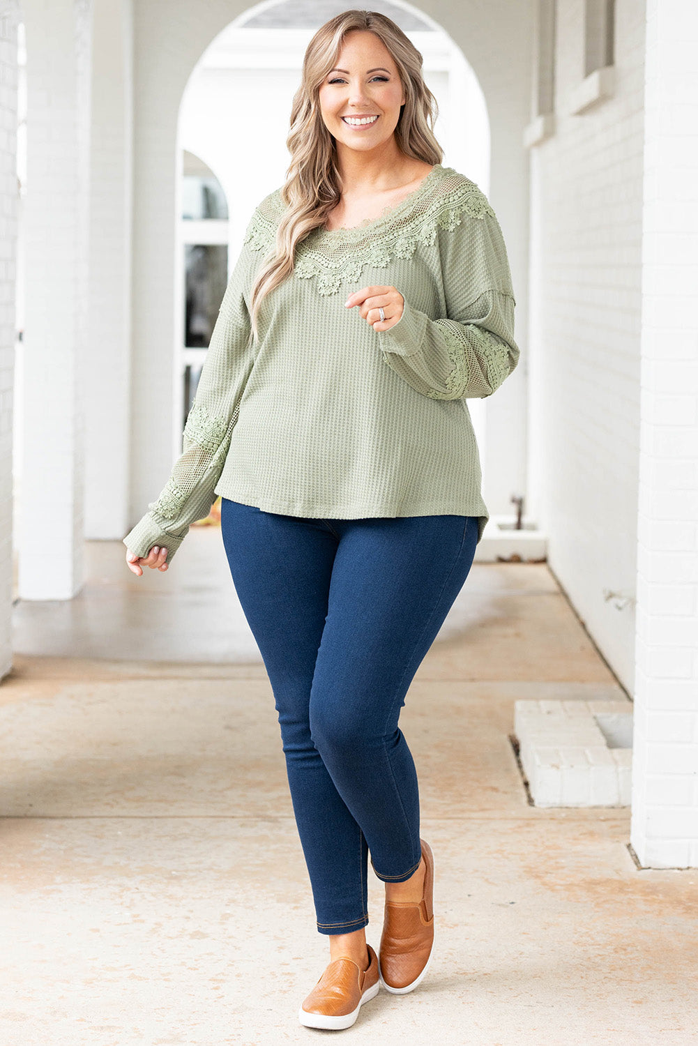 Green Waffled Lace Long Sleeve Plus Size Top Plus Size JT's Designer Fashion