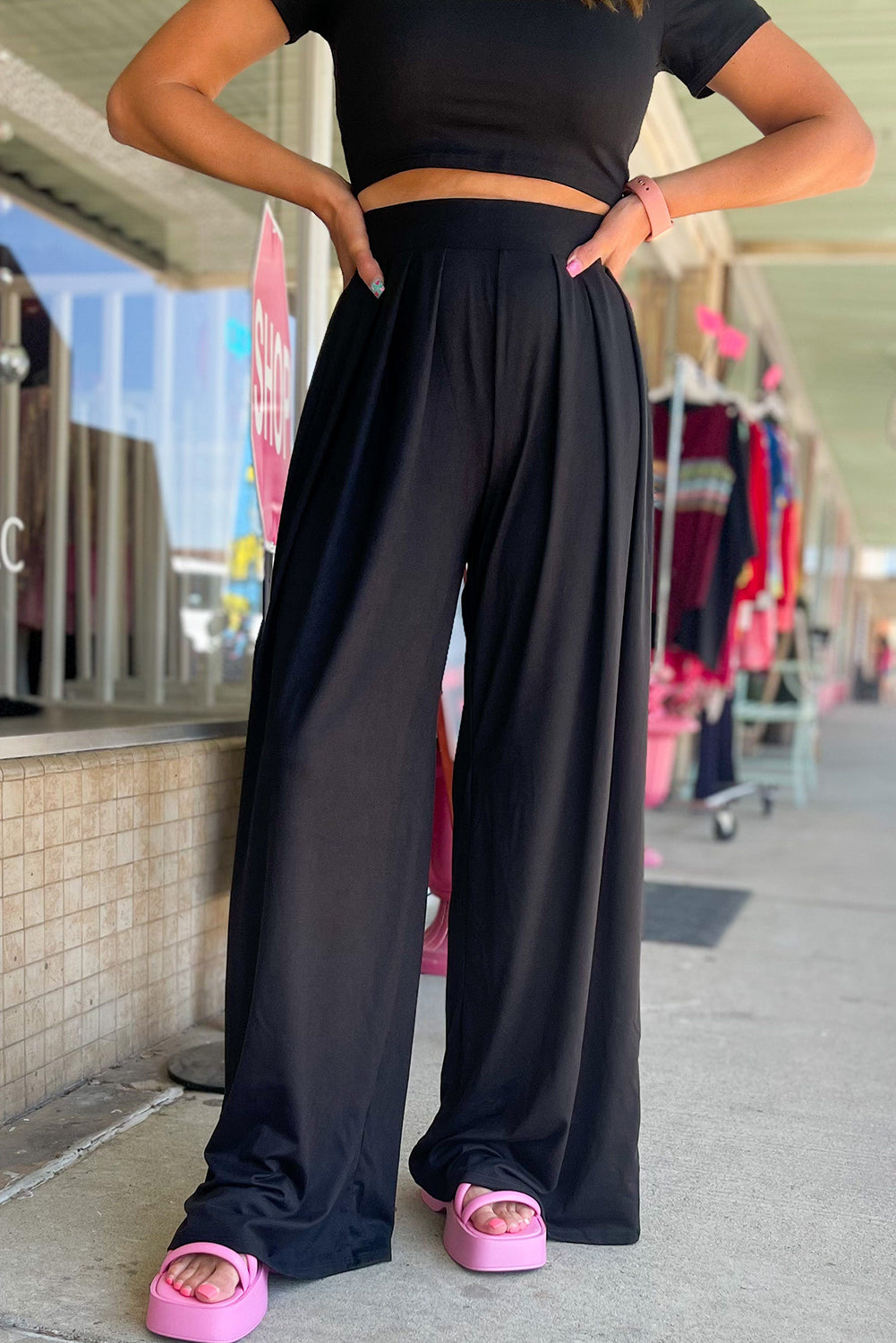 Black Solid Color Slim Fit Crop Top and Wide Leg Pants Set Bottoms JT's Designer Fashion