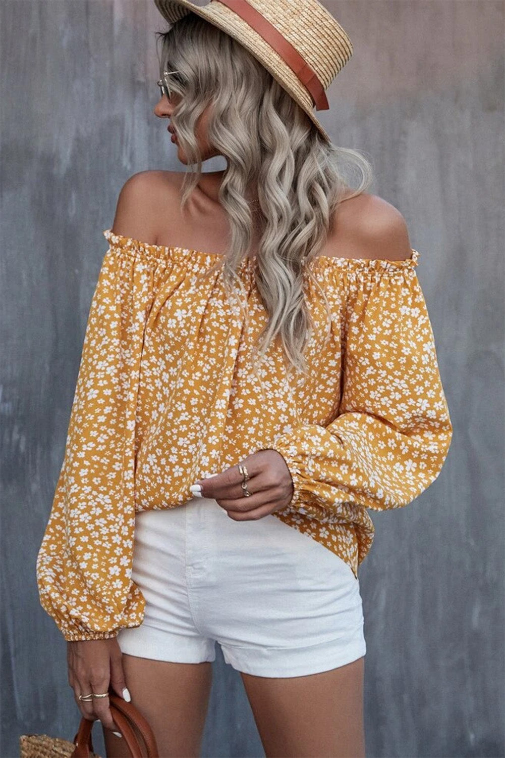 Yellow Floral Print Frill Trim Off-shoulder Lantern Sleeve Blouse Tops & Tees JT's Designer Fashion