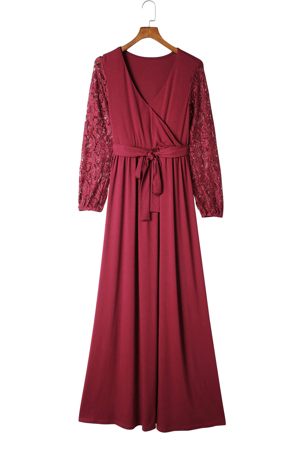 Red Lace Sleeve Faux Wrap Belted Maxi Dress Maxi Dresses JT's Designer Fashion