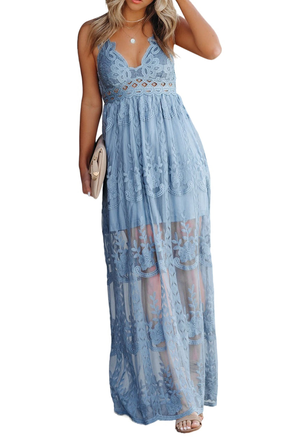 Sky Blue Lace Crisscross Backless Maxi Dress Maxi Dresses JT's Designer Fashion