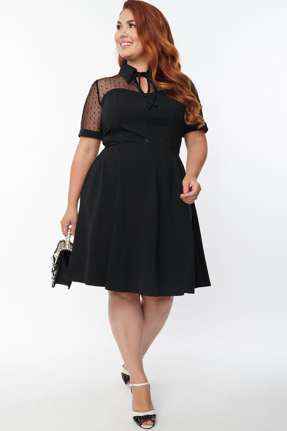 Black Plus Size Collared Mesh Yoke Fit Flare Dress Plus Size JT's Designer Fashion