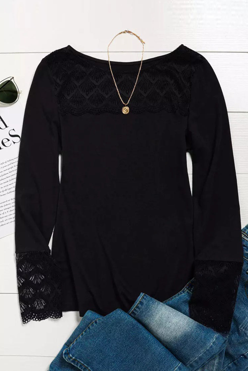 Black Lace Crochet Splicing O-neck Long Sleeve Top Long Sleeve Tops JT's Designer Fashion