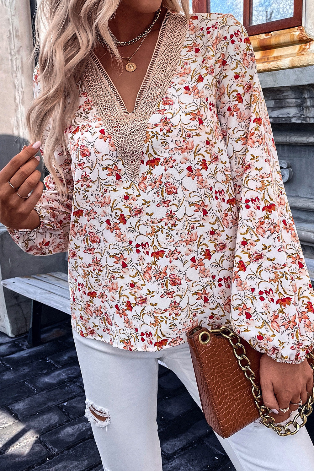 White Floral Long Sleeve Lace V-Neck Blouse Tops & Tees JT's Designer Fashion