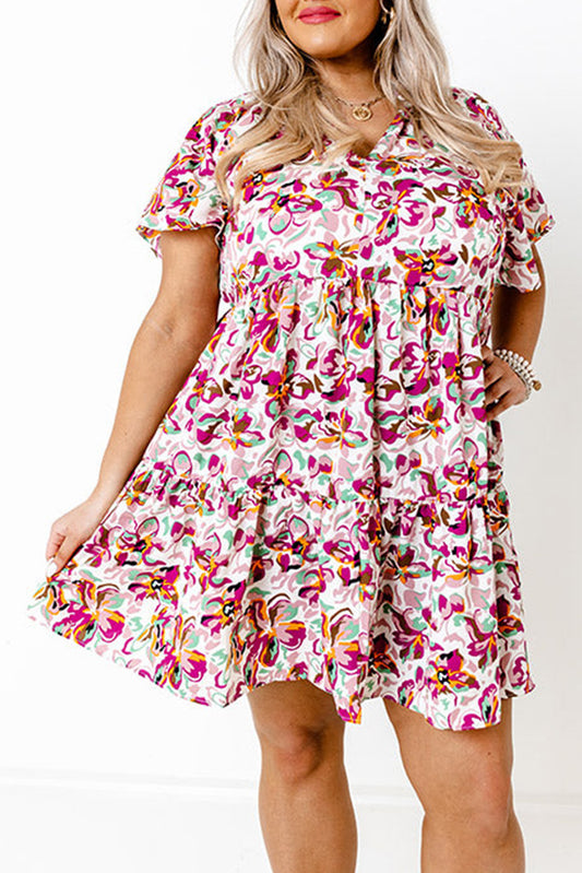 Multicolor Plus Size Floral Print Short Sleeve Ruffle Shift Dress Plus Size JT's Designer Fashion