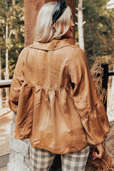 Brown Puff Sleeve Collared Pleated Babydoll Blouse Blouses & Shirts JT's Designer Fashion