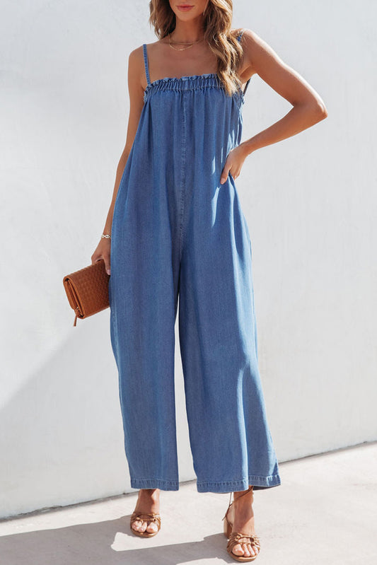 Blue Spaghetti Straps Frilled Neckline Pocketed Wide Leg Denim Jumpsuit Blue 82%Cotton+10%Polyester+8%Viscose Jumpsuits & Rompers JT's Designer Fashion