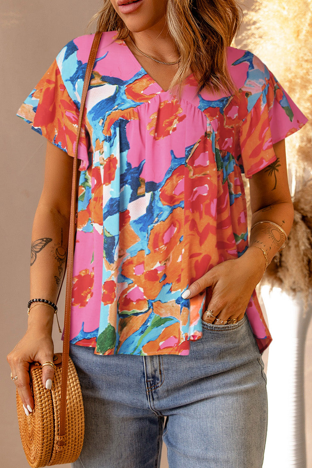 Pink Abstract Print V Neck Flutter Sleeve Blouse Blouses & Shirts JT's Designer Fashion