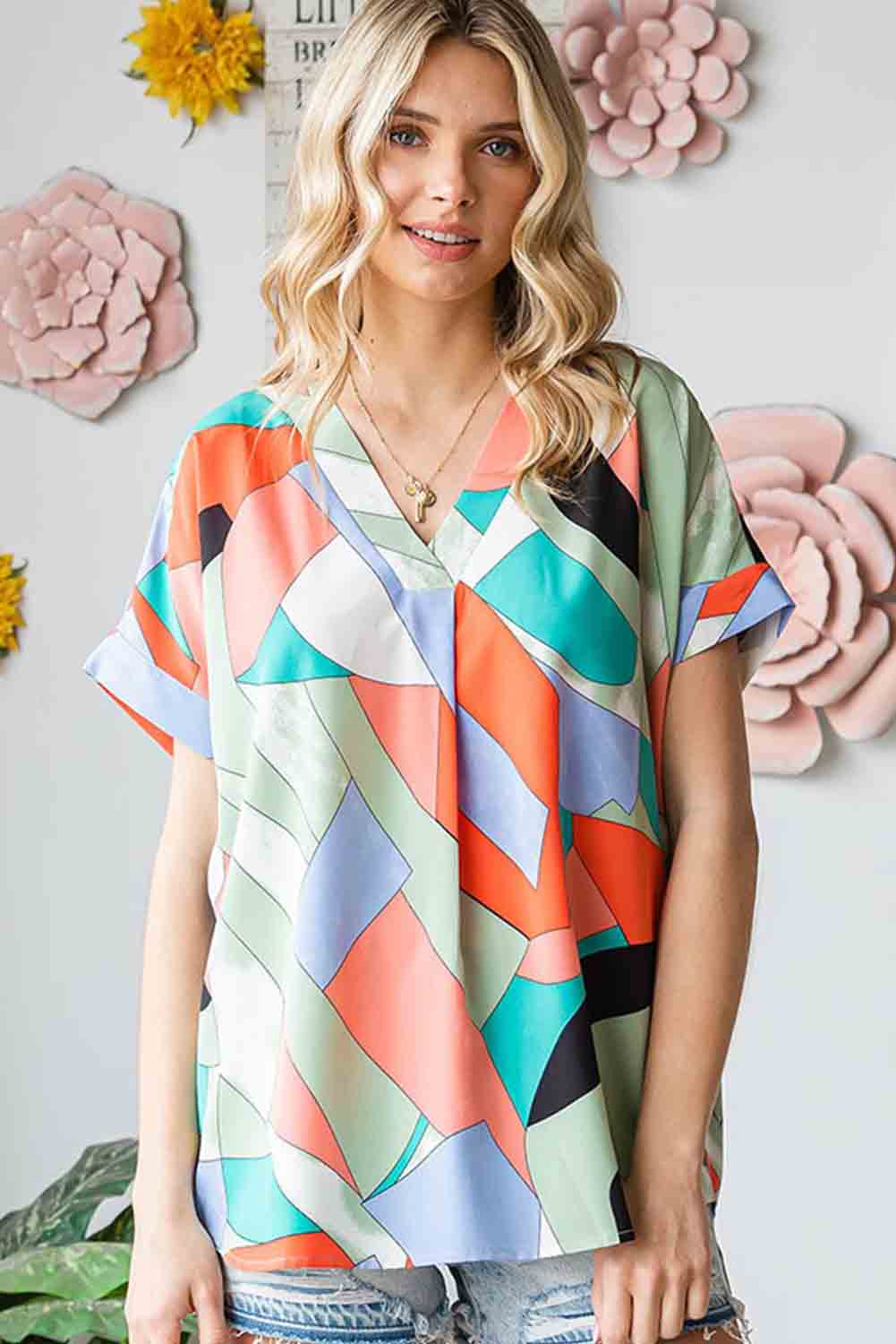 Multicolor Irregular Color Block Printed Short Sleeve Blouse Tops & Tees JT's Designer Fashion