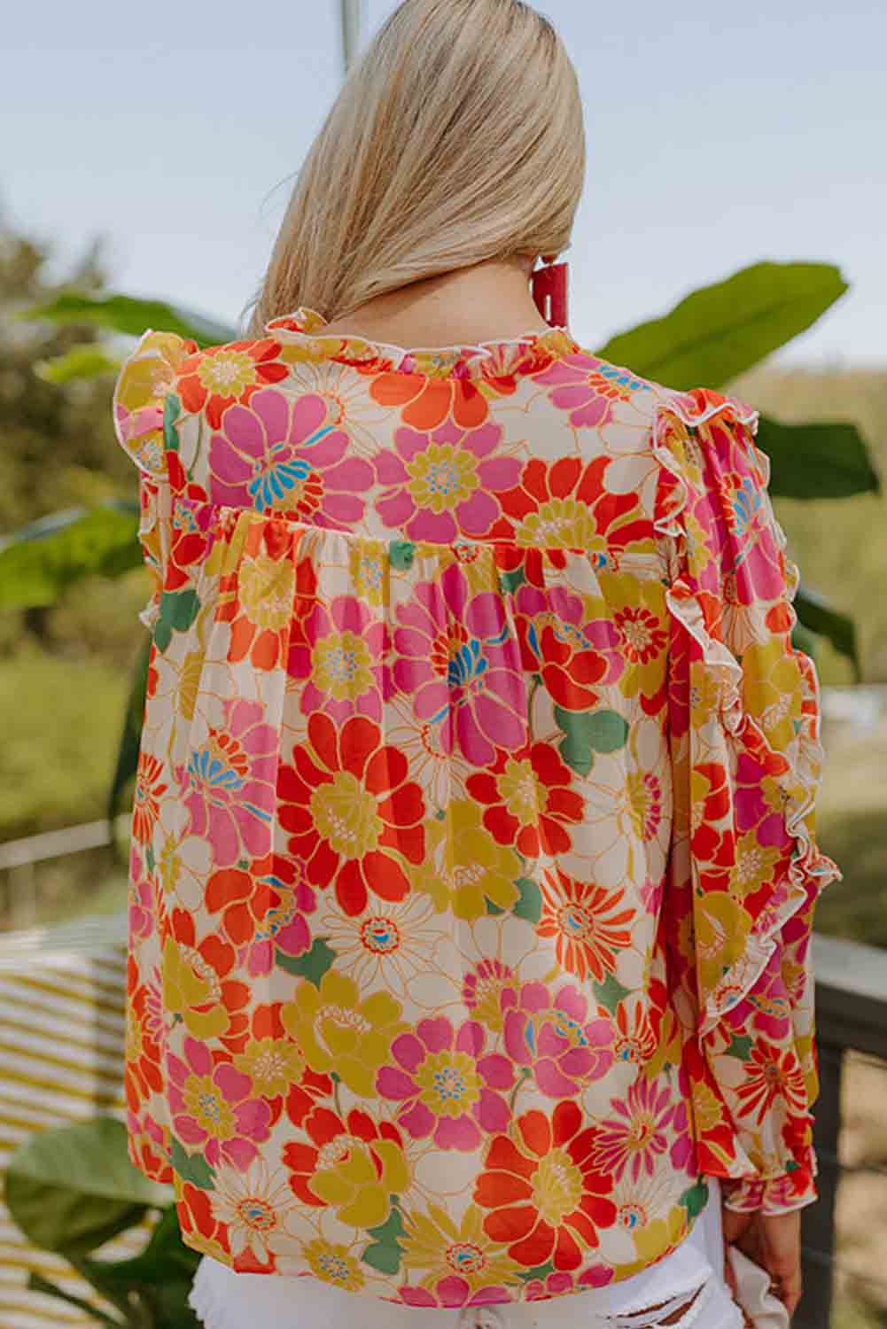 Orange Frilled Long Puff Sleeve Sweet Floral Blouse Tops & Tees JT's Designer Fashion