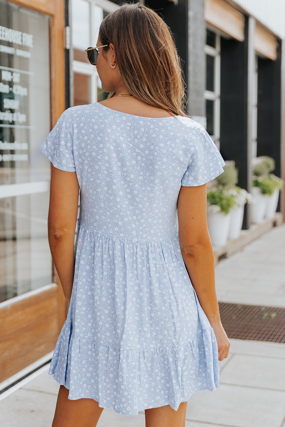 Sky Blue Floral V Neck Buttoned Babydoll Dress with Ruffled Hem Mini Dresses JT's Designer Fashion