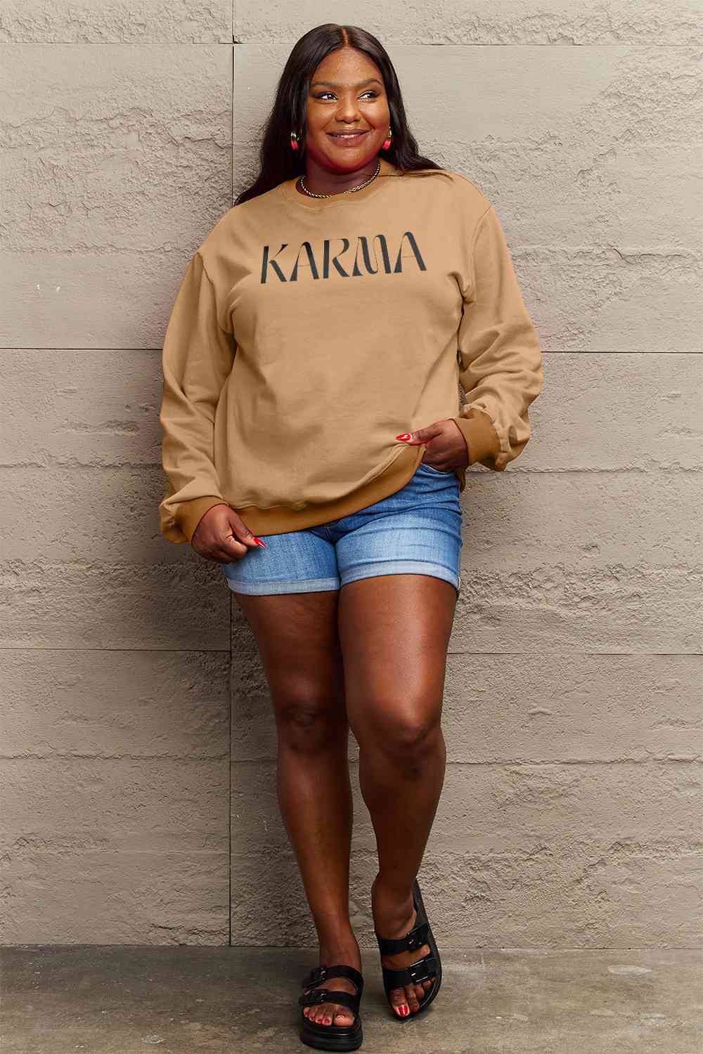 Simply Love Full Size KARMA Graphic Sweatshirt Graphic Sweatshirts JT's Designer Fashion