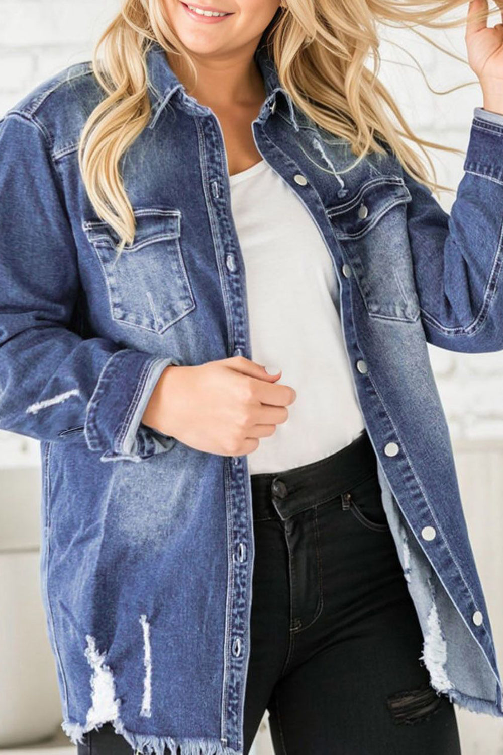 Sail Ripped Detail Raw Hem Plus Size Denim Jacket Denim jackets JT's Designer Fashion