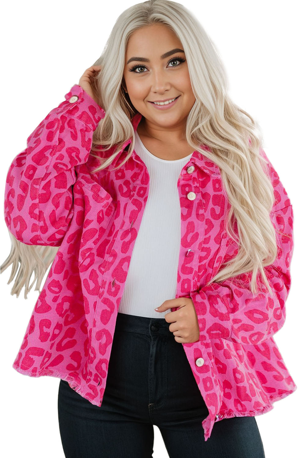 Barbie Style Pink Plus Size Leopard Print Button Cuffs Raw Hem Jacket Denim jackets JT's Designer Fashion