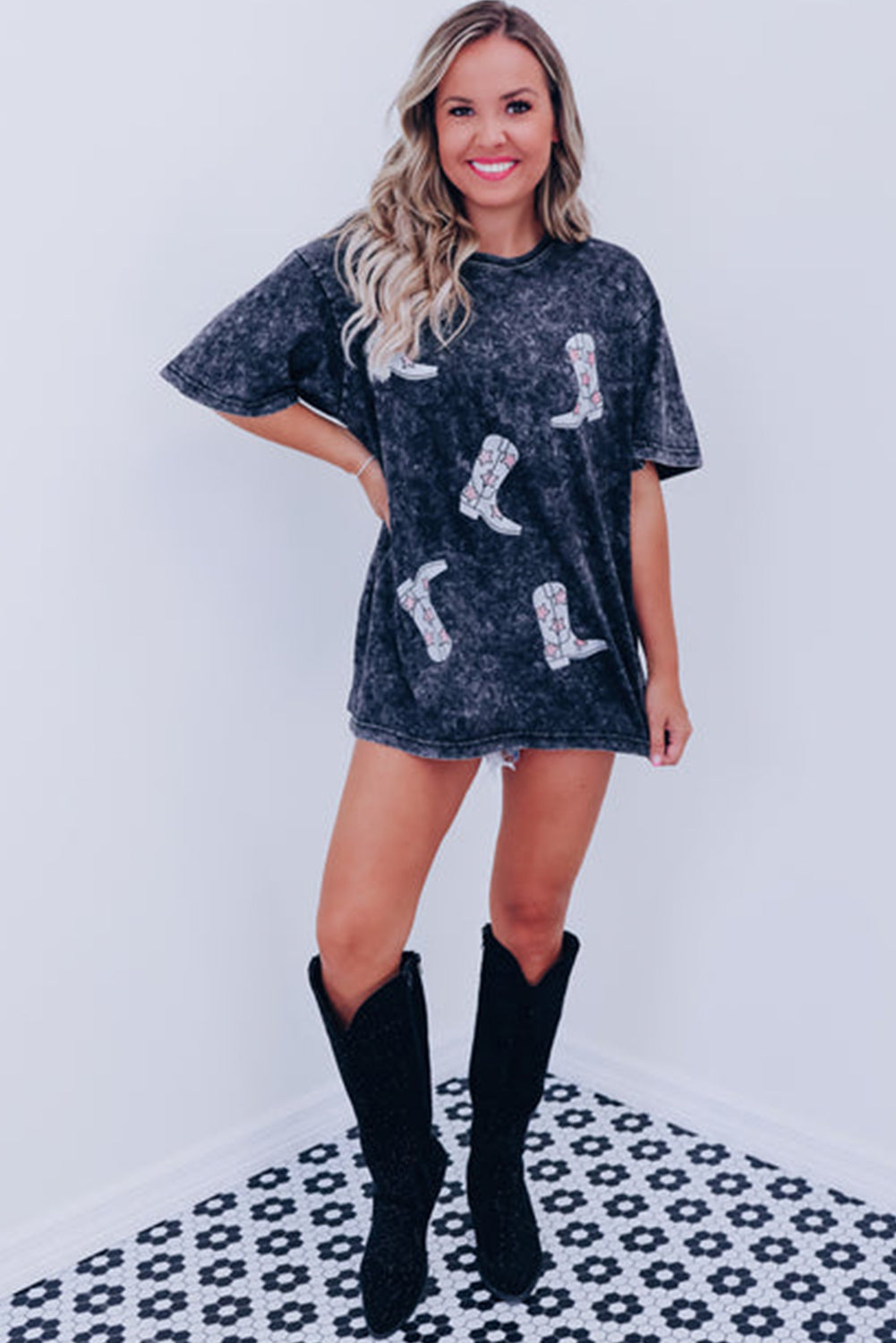 Black Starry Boots Graphic Mineral Washed Oversize Tee Pre Order Tops JT's Designer Fashion