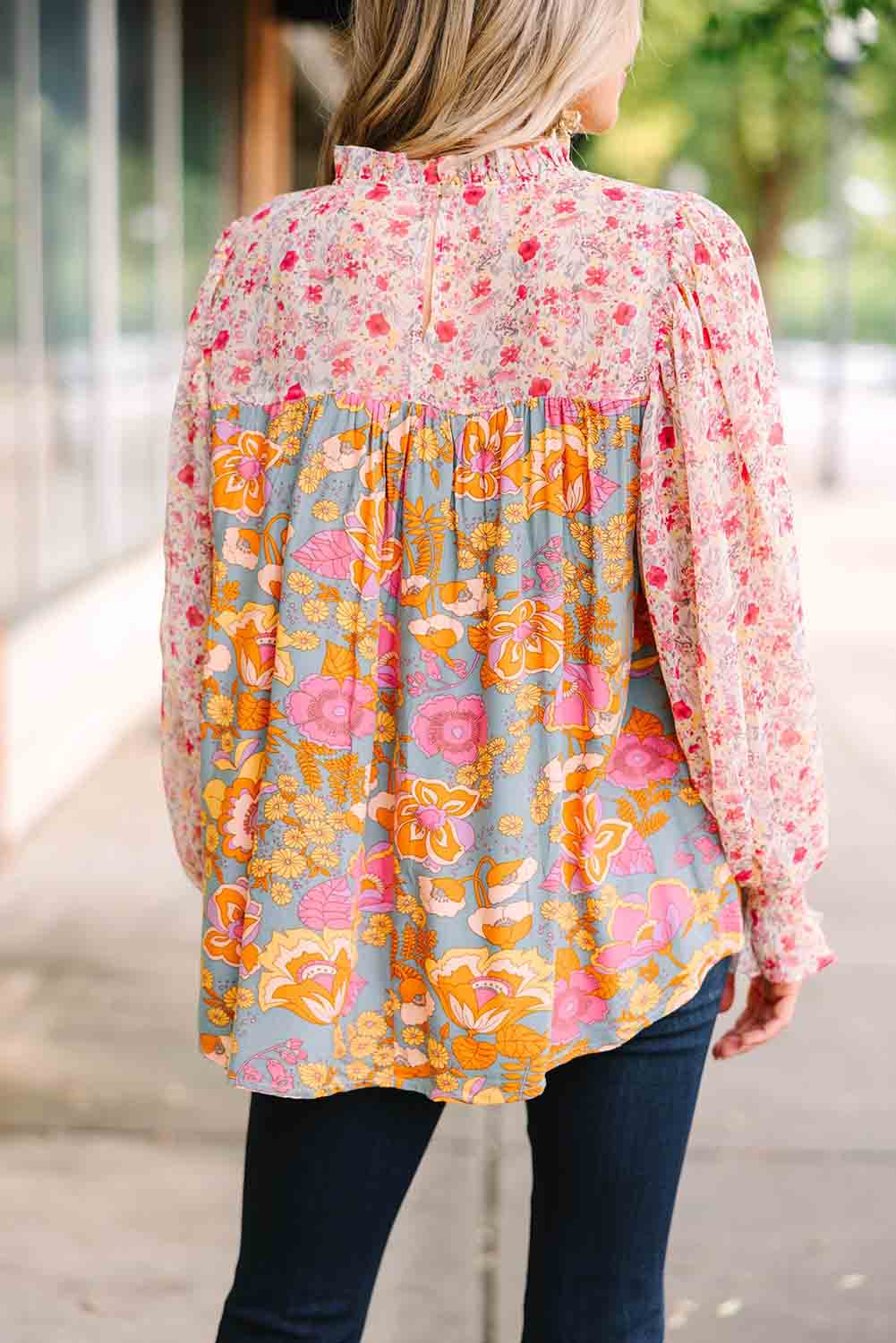 Multicolor Lace Trim Contrast Floral Long Puff Sleeve Blouse Tops & Tees JT's Designer Fashion