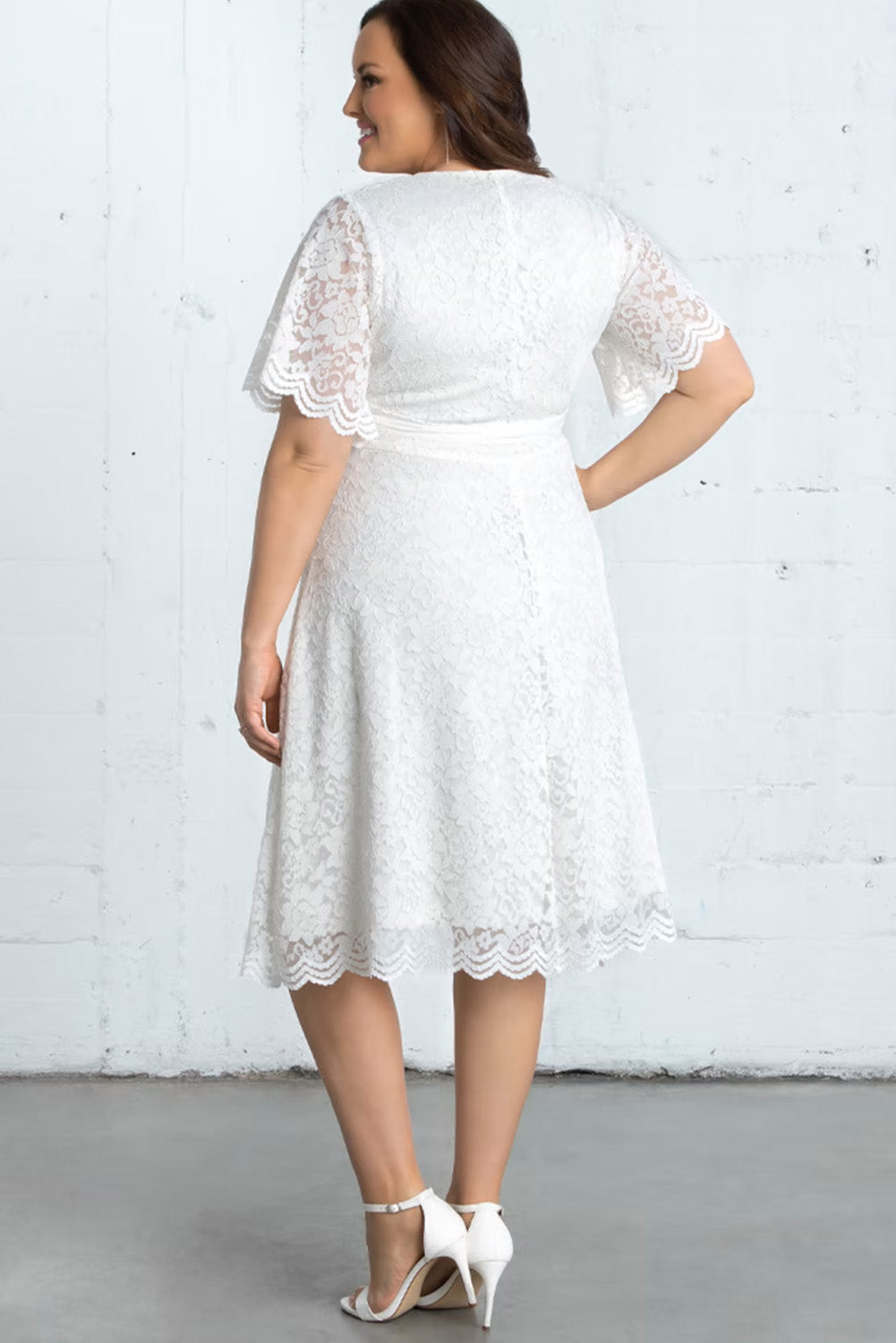 White Scalloped Lace Wrap V Neck Plus Size Dress Plus Size JT's Designer Fashion