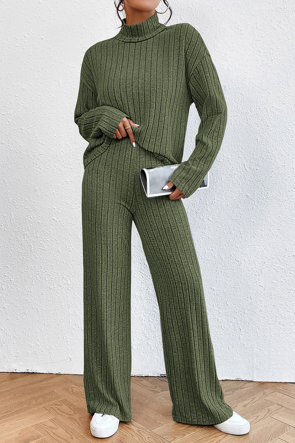 Jungle Green Ribbed Knit High Neck Loose Top and Pants Set Bottoms JT's Designer Fashion